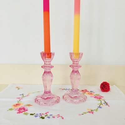 Pair of Dipped Dinner Candles ~ pink and orange